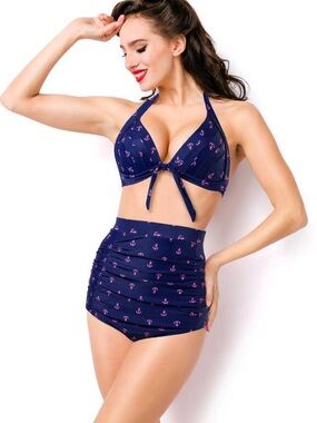 NWOT Retro High Waisted Bikini Set Anchor Print Blue Pink Ruched Size M or L